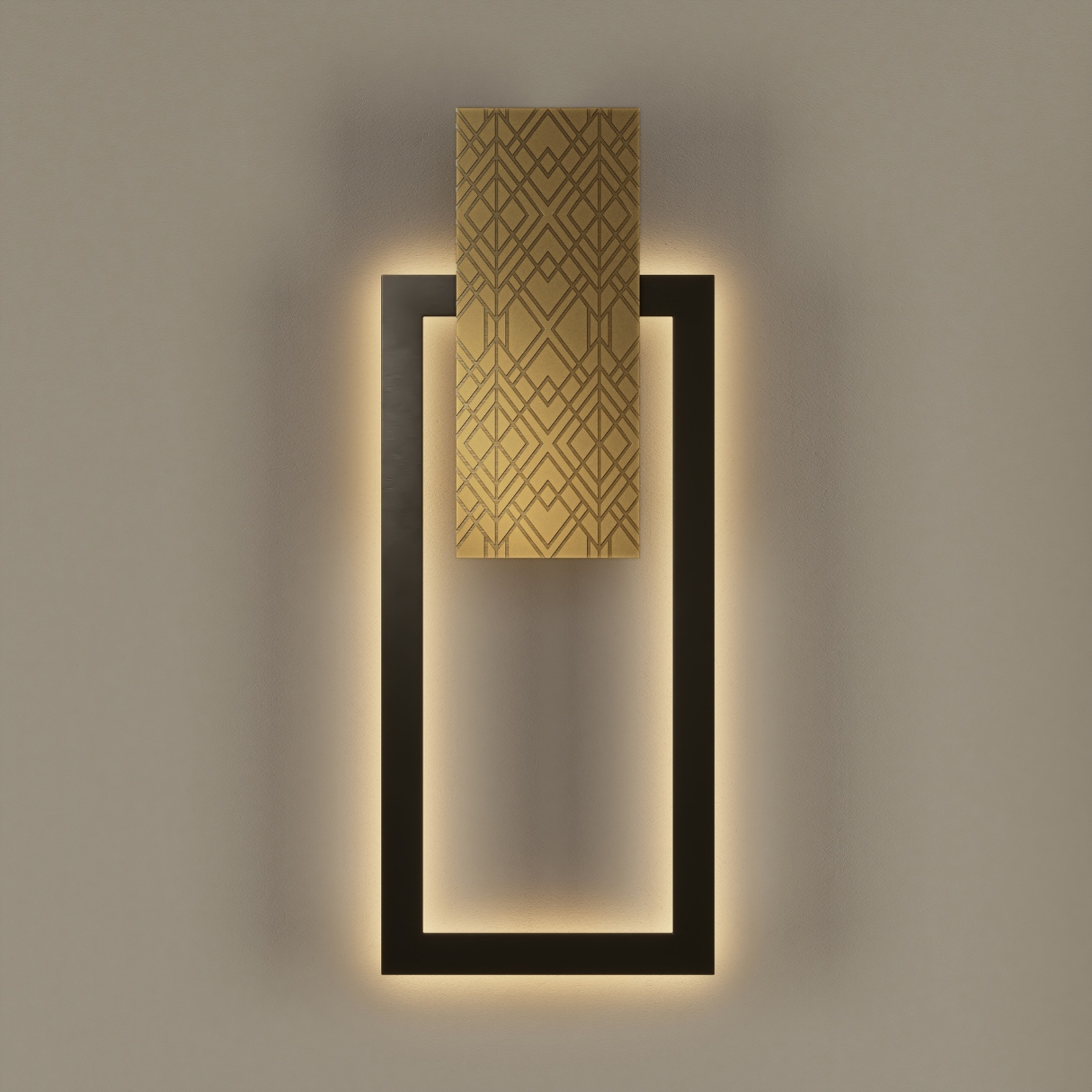 Architectural black steel brass wall light Frank 3 with engraved geometric brass plate and steel frame