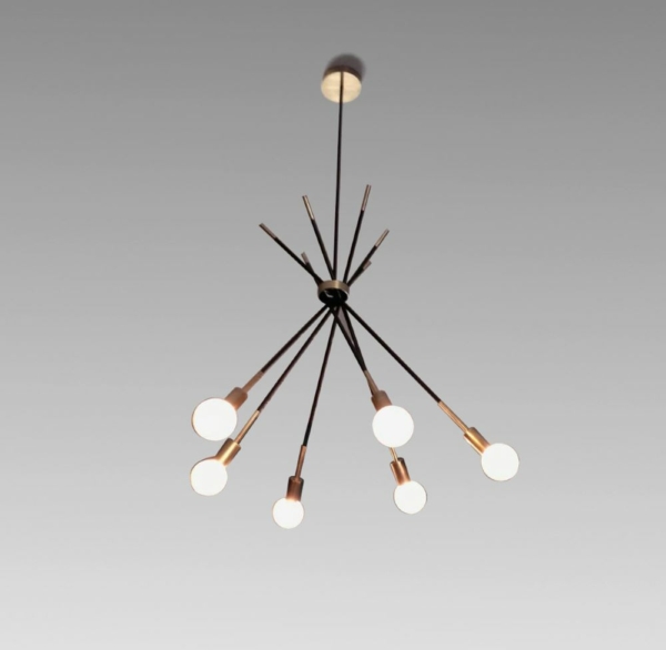 Eileen 1 pendant light in black steel and brass. Radiating structure with slender rods, contrasting finishes, soft and elegant light.