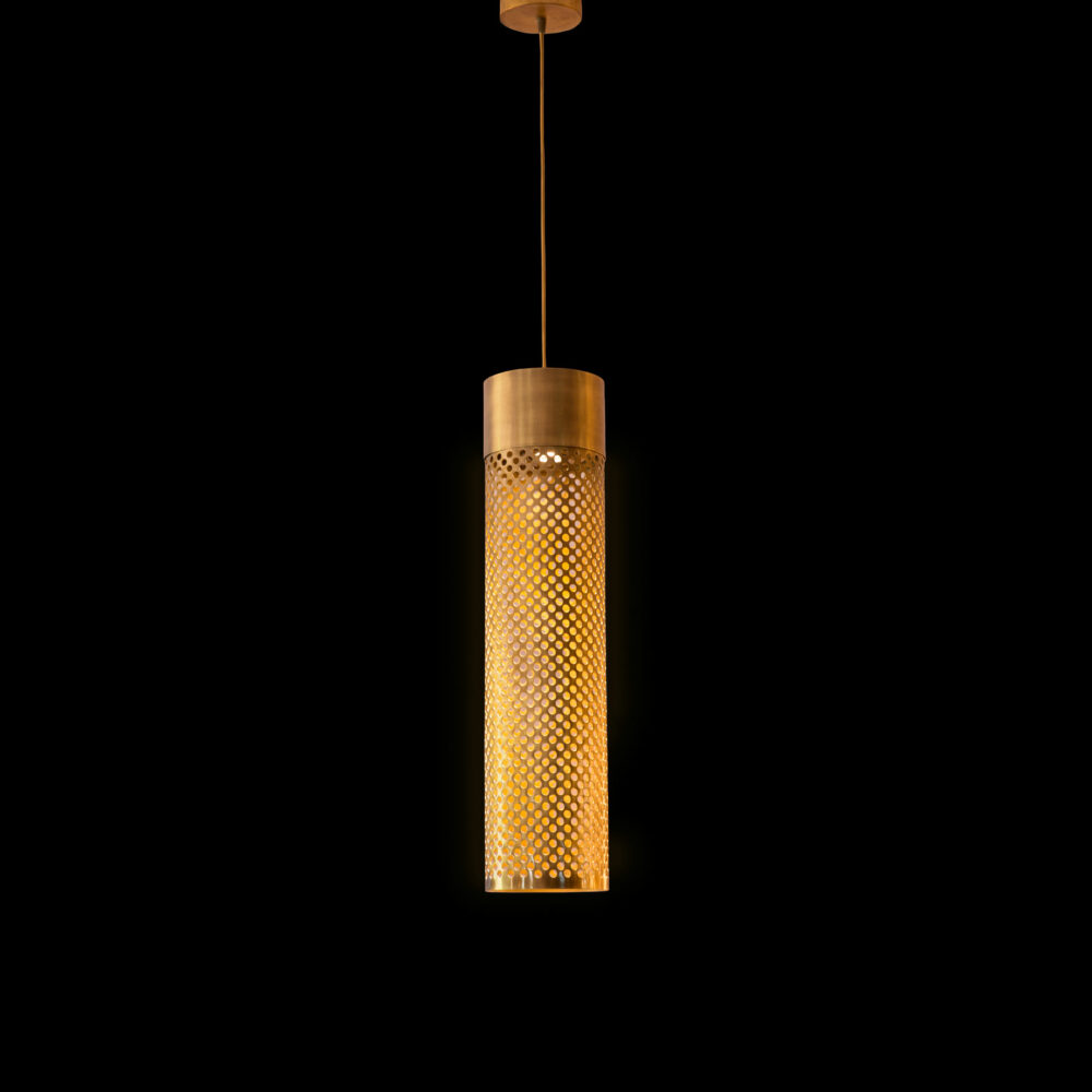 Perforated brass designer pendant light: Graphic shadows and controlled light