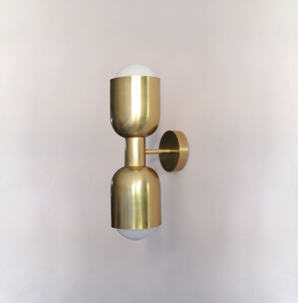 Brass wall lamp with dual light source. Patinated brass and opal glass, 40 cm tall. Soft upward and downward light, elegant and minimal design.