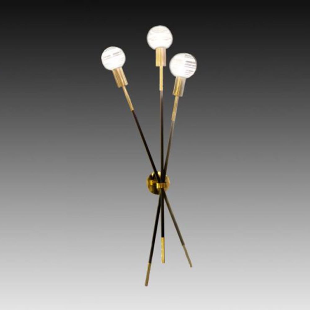 Contemporary wall sconce with black steel rods and golden brass accents. Etched glass globes, soft LED light, 95 × 50 cm. Elegant and handcrafted design.