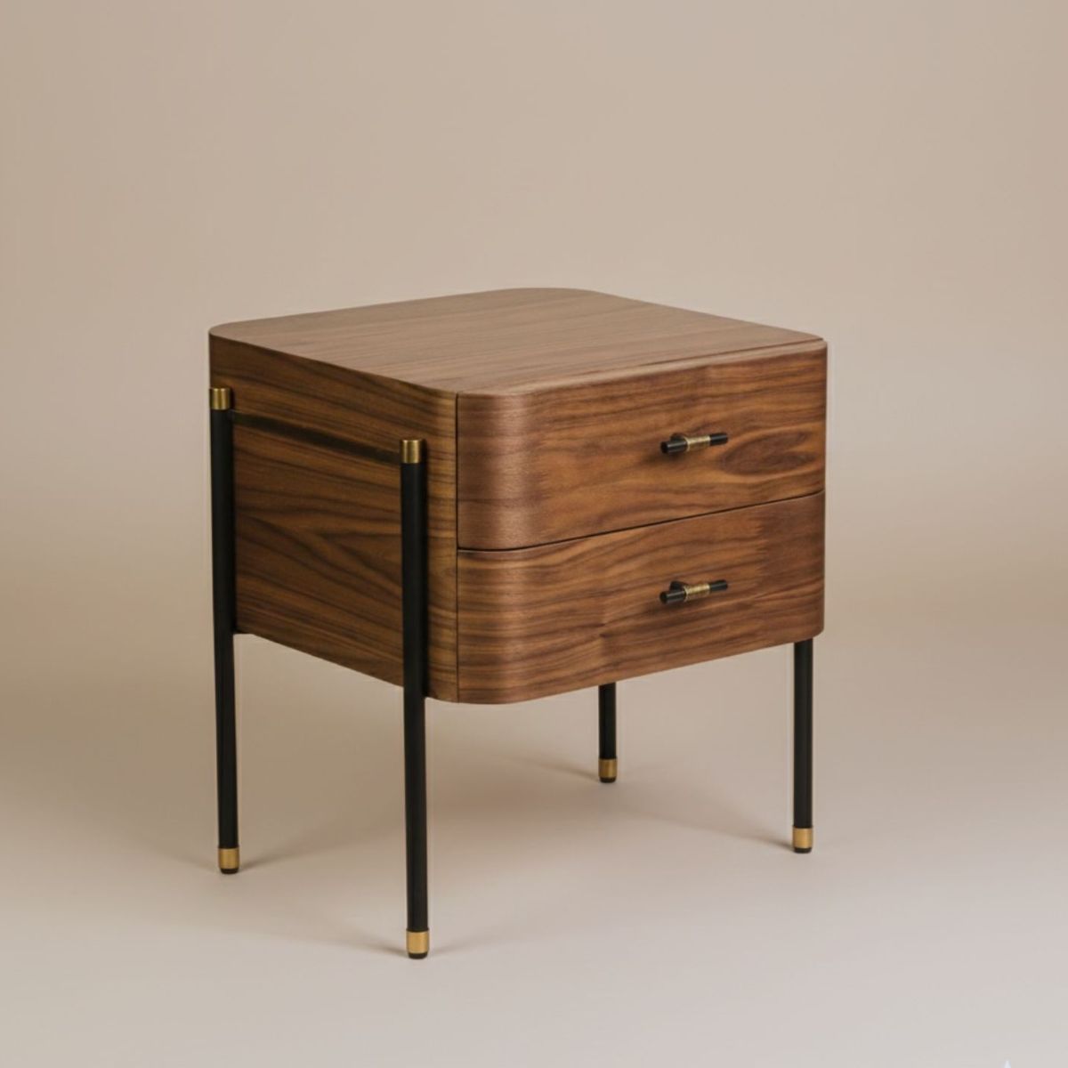 Handcrafted walnut art deco nightstand with two drawers black legs and patinated brass handles