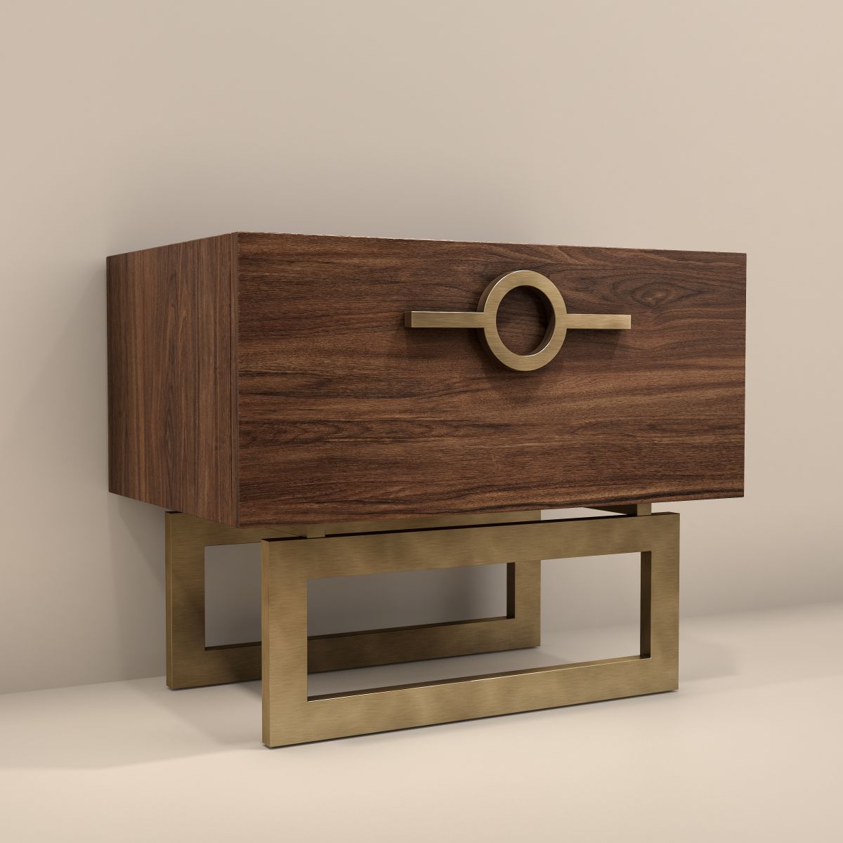 table de chevet en placage chêne et laiton