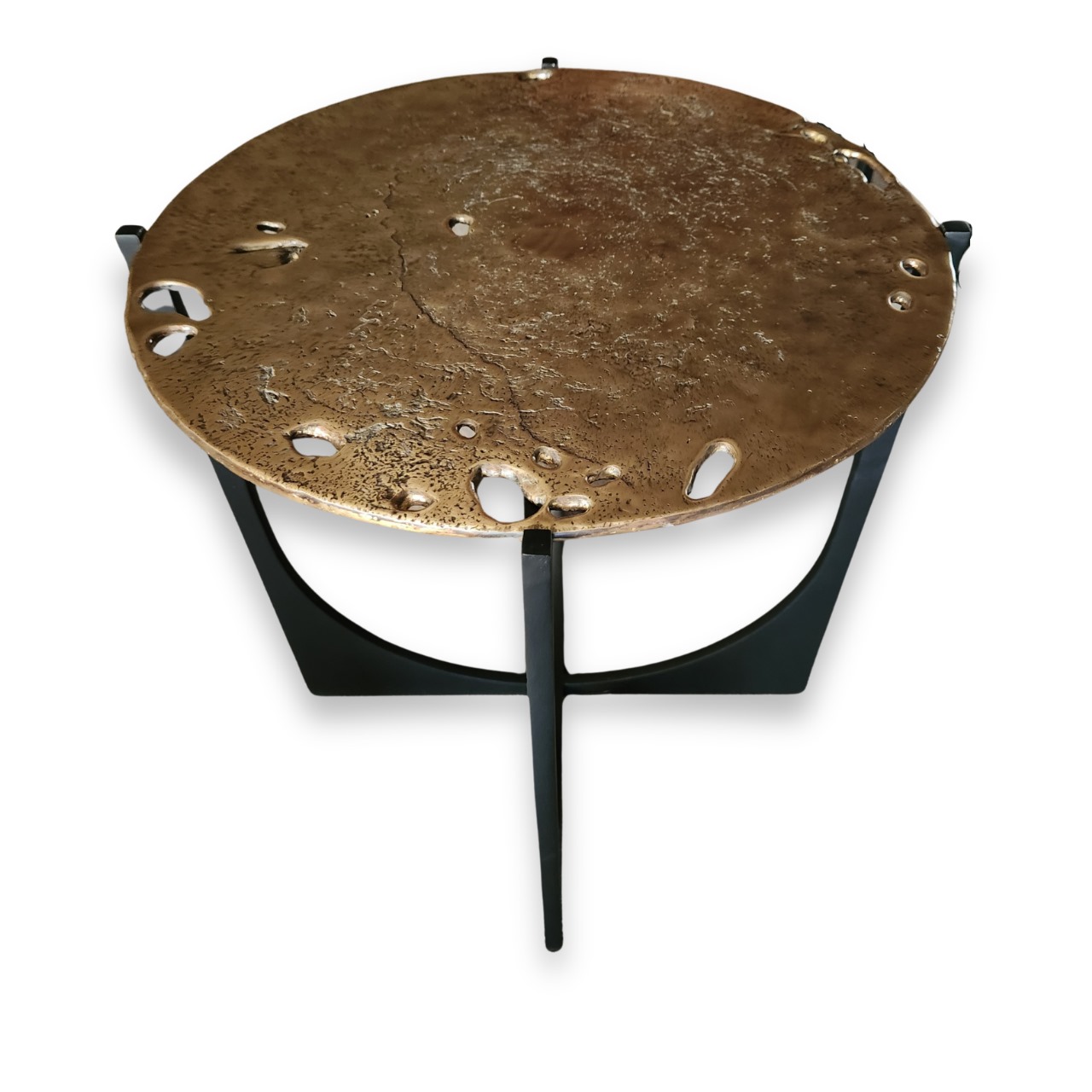 Side table with brass foundry top. Black steel feet.