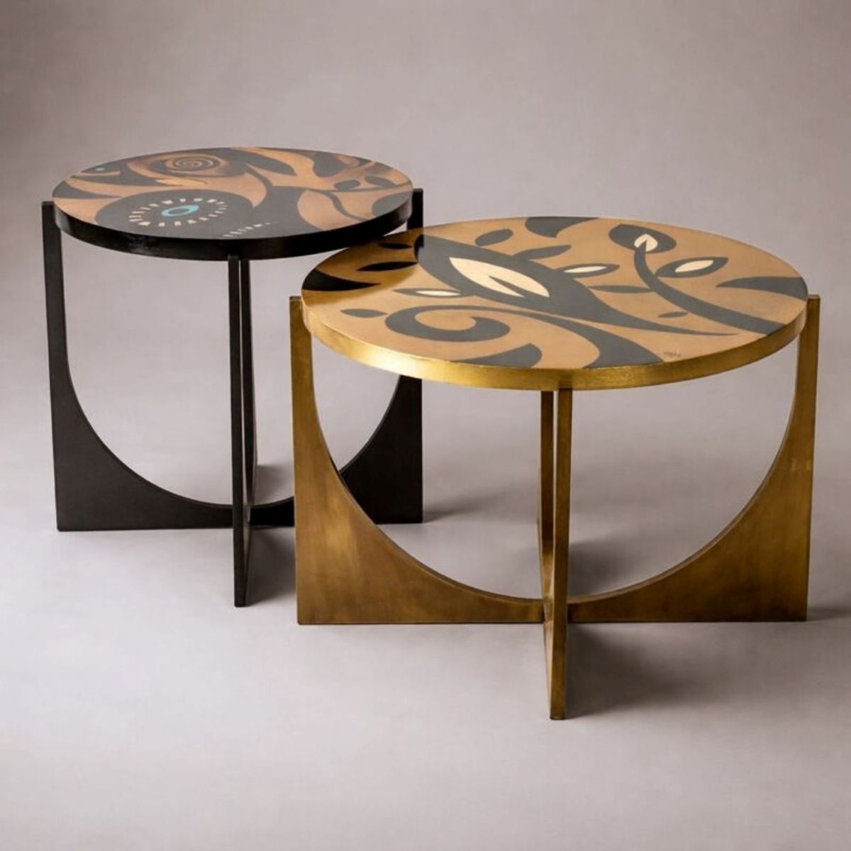 Isidor brass side table with painted wooden top and aged gold brass legs