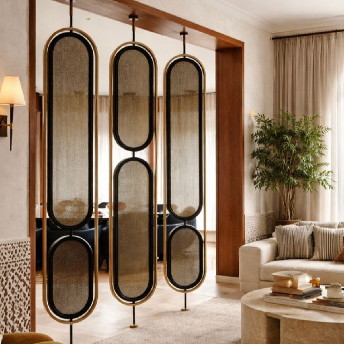 Handcrafted black steel and bronze screen with openwork decorative patterns