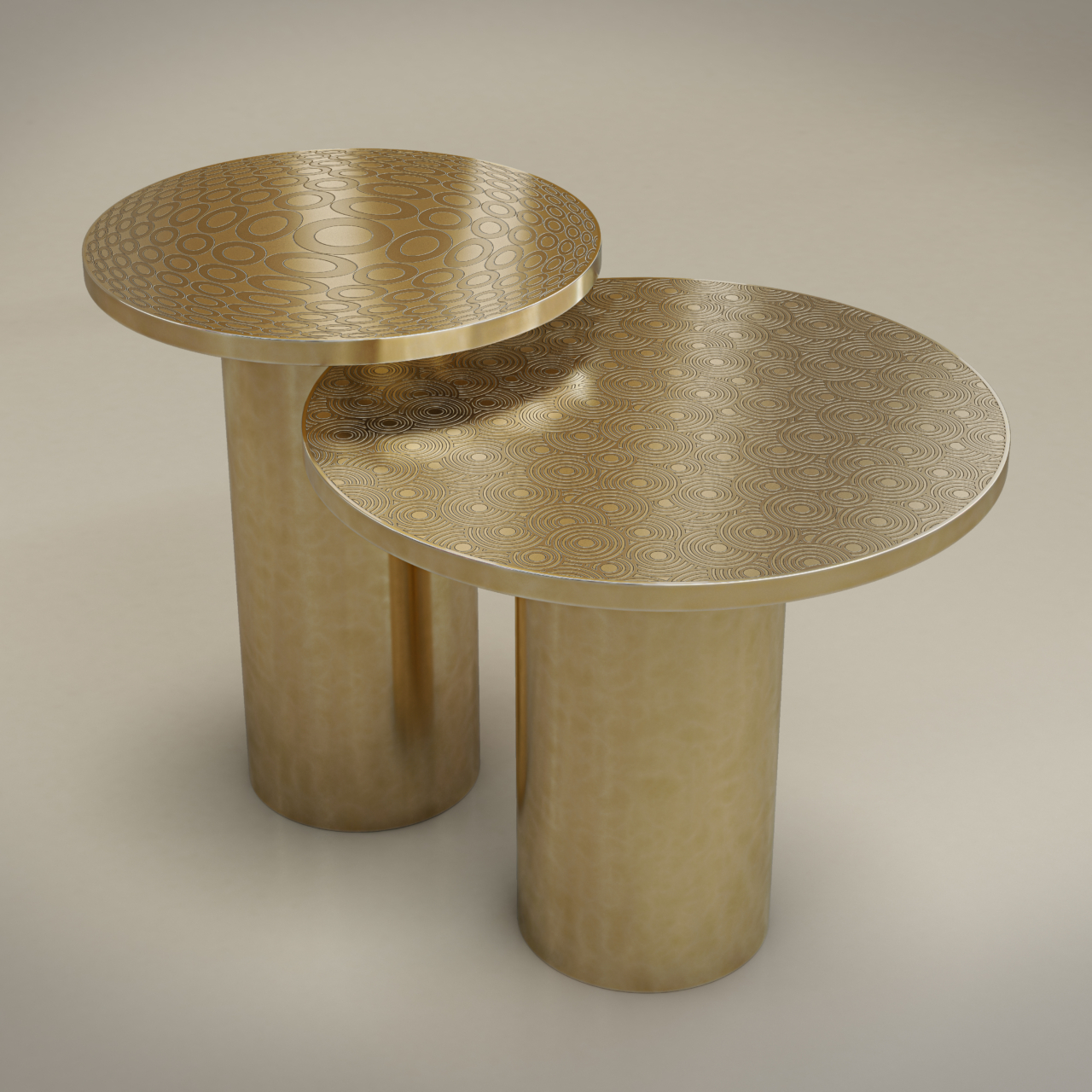 Brass side tables with engraved brass top.