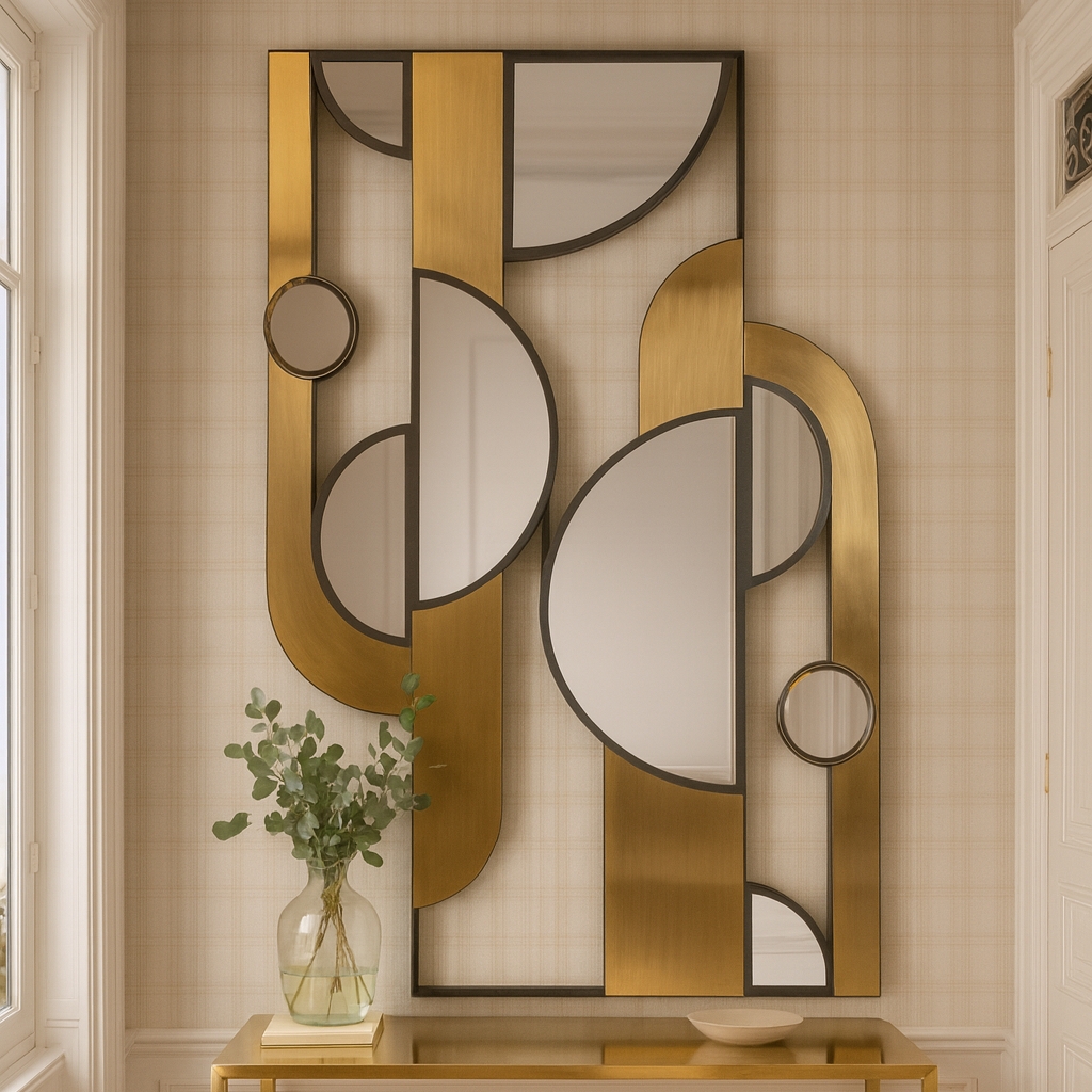Decorative mirror in brass and steel, aged gold finish, smoked and clear mirrors.