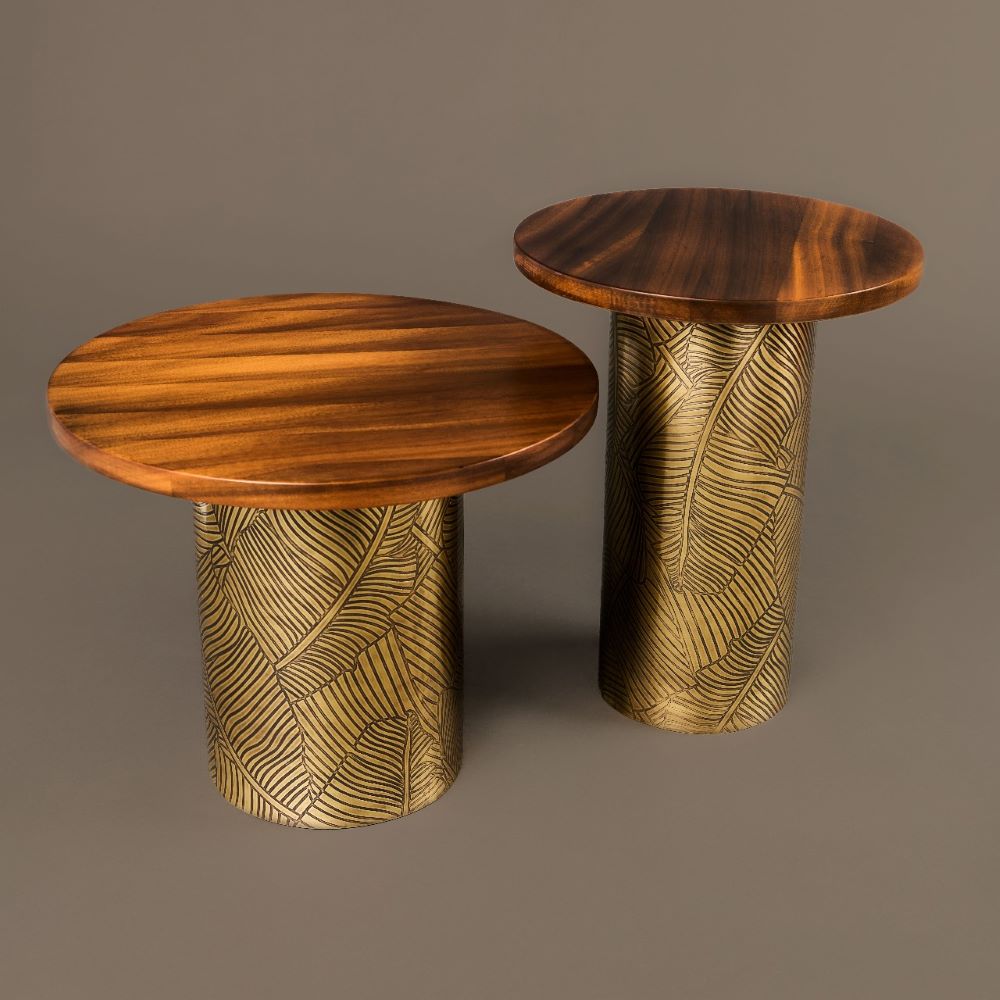 Side tables with solid Dibétou wood top and engraved brass feet.