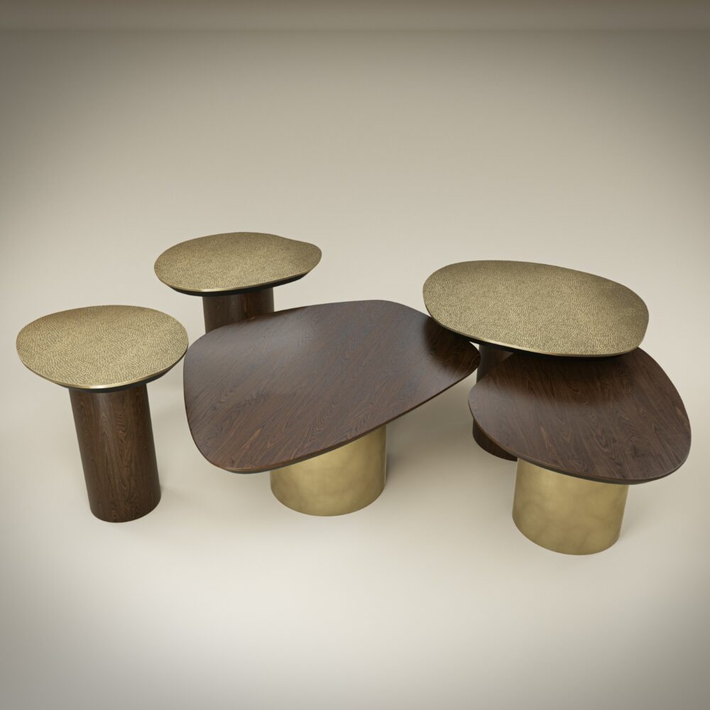 Set of side tables in dark oak, patinated brass and stingray-effect hammered brass.