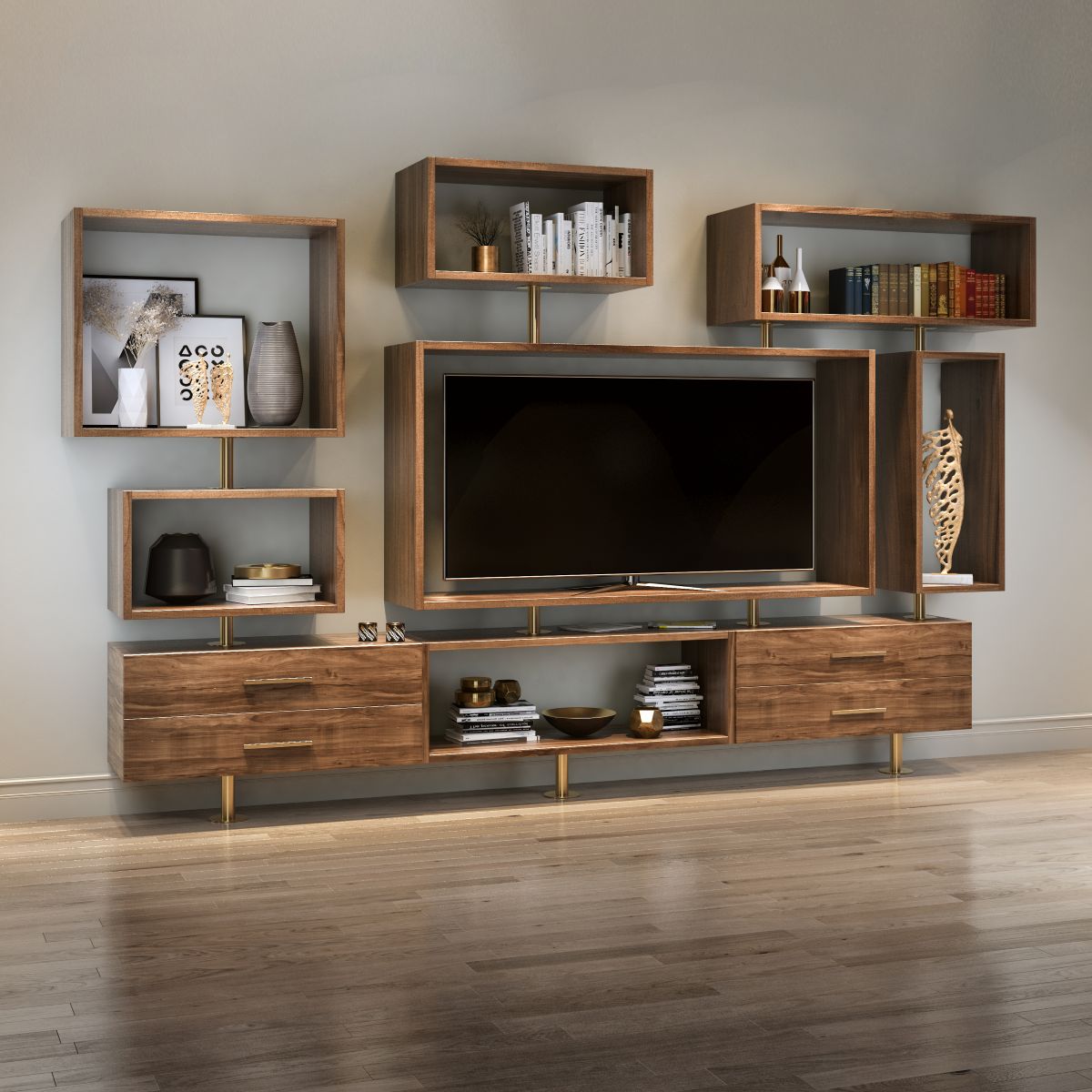 Handcrafted wood and brass bookcase with floor to ceiling brass tubes and walnut modules