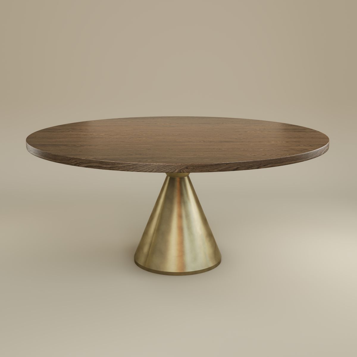 Table de salle à manger avec plateau en placage chêne et pied en laiton