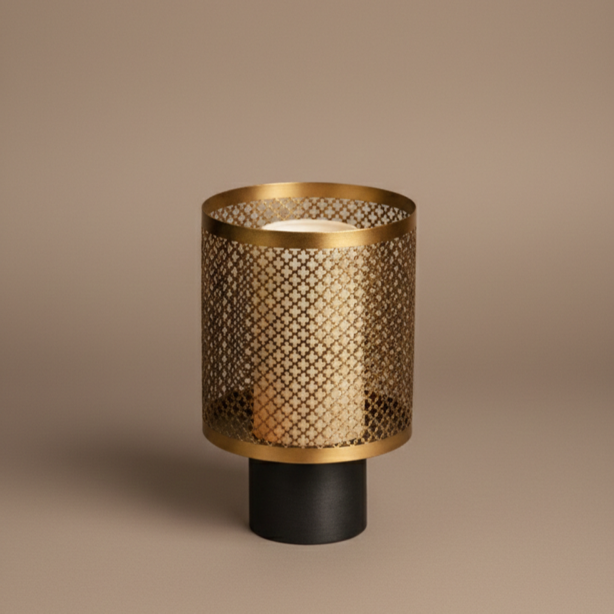 Handcrafted art deco lamp stand with geometric brass framework and dark patinated base