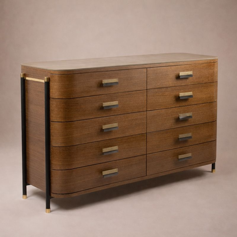 Handcrafted leather top oak sideboard with eight drawers and brass handles