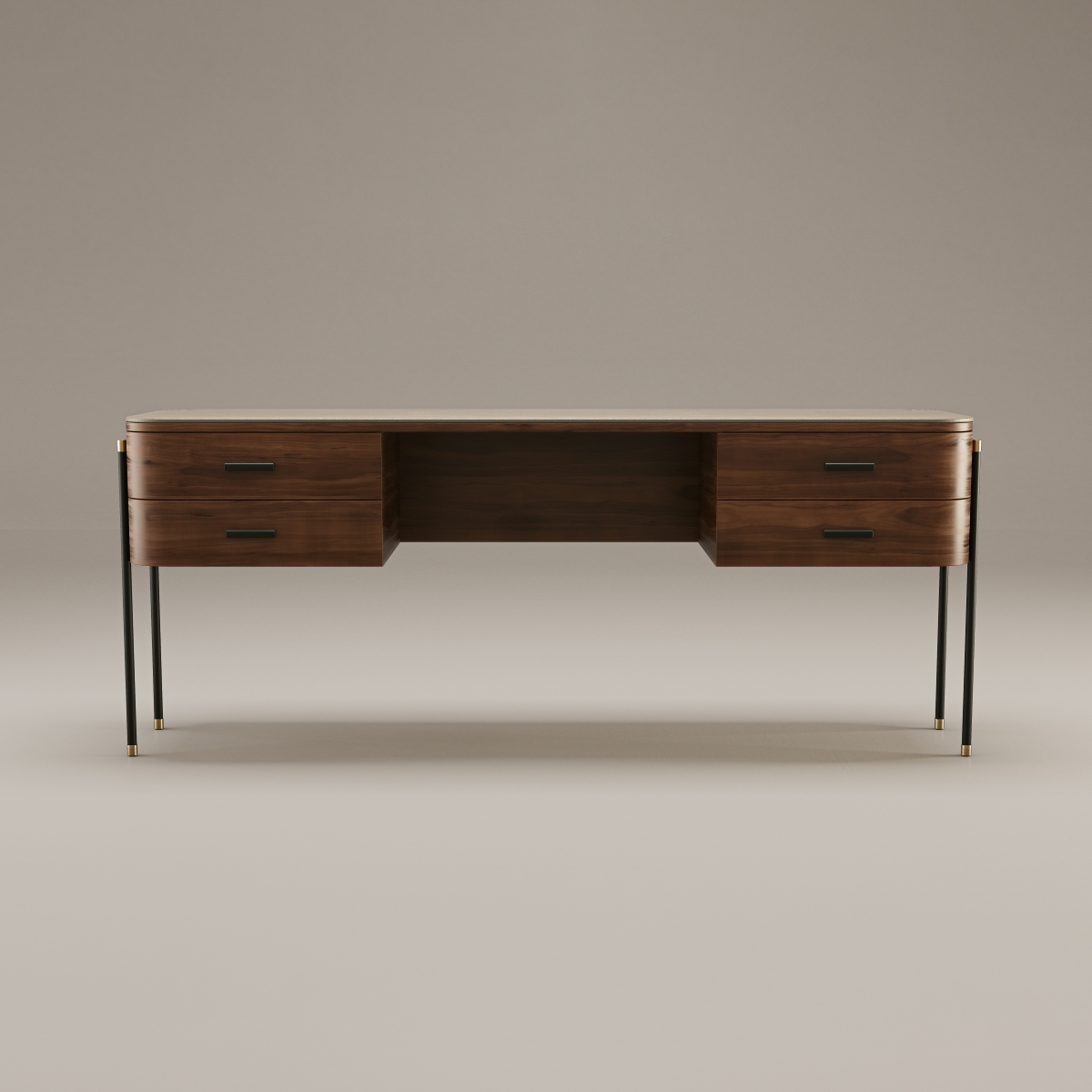 Handcrafted walnut leather desk with solid brass base and top grained leather writing surface
