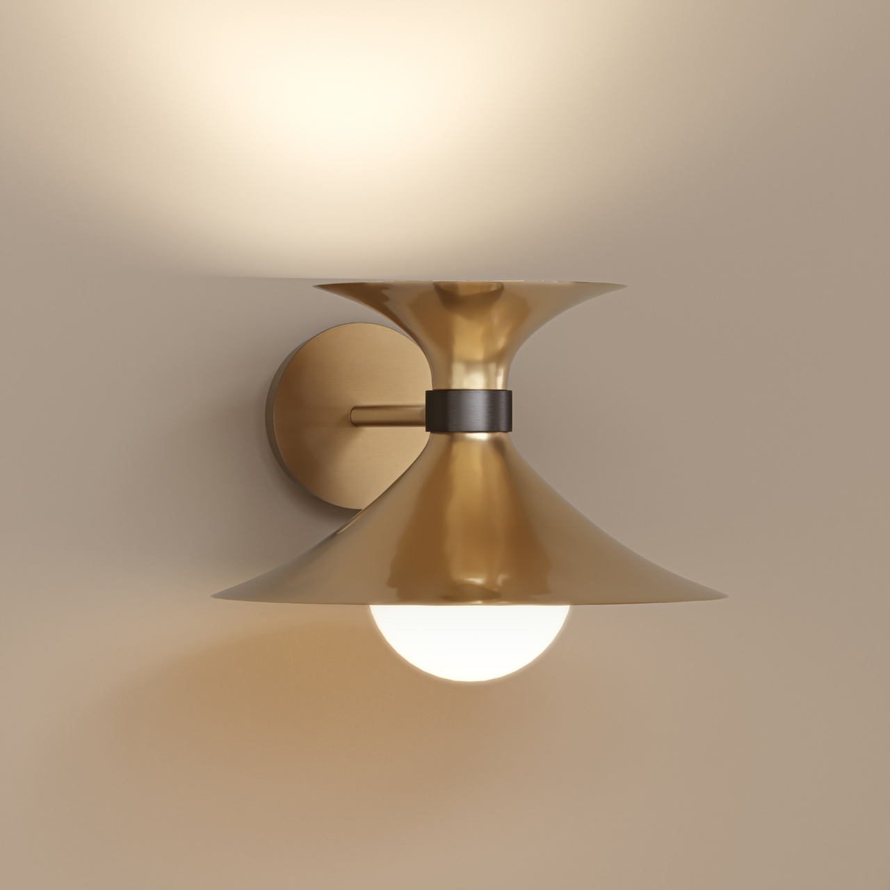 Handcrafted flared brass wall sconce GAE 4 with opal glass diffuser