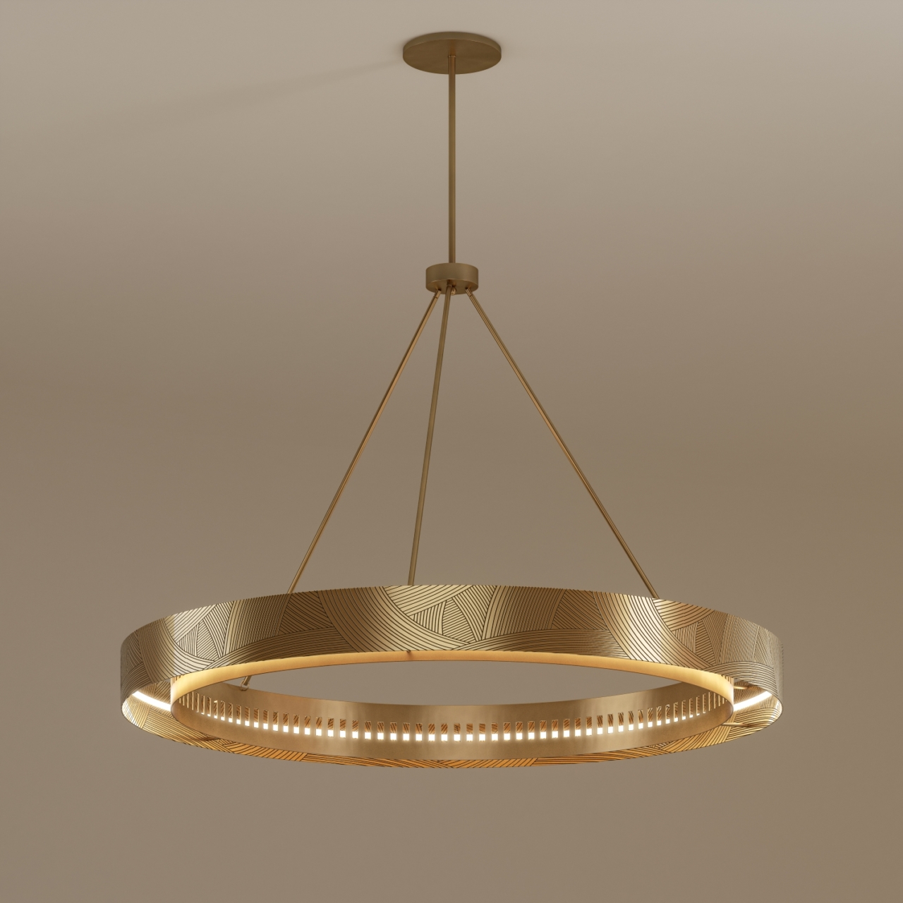 Engraved brass suspension, LED lighting. Suspension en laiton gravé avec éclairage LED.